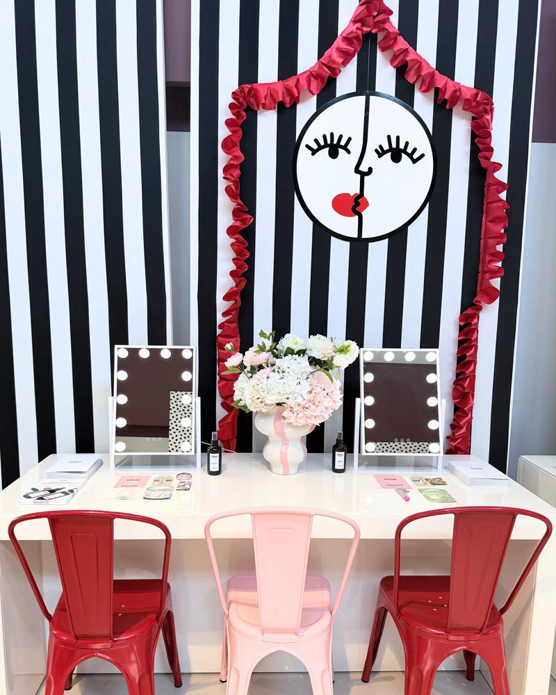 Director's chairs branded The Family Circle in front of a polka-dot and stripe backdrop